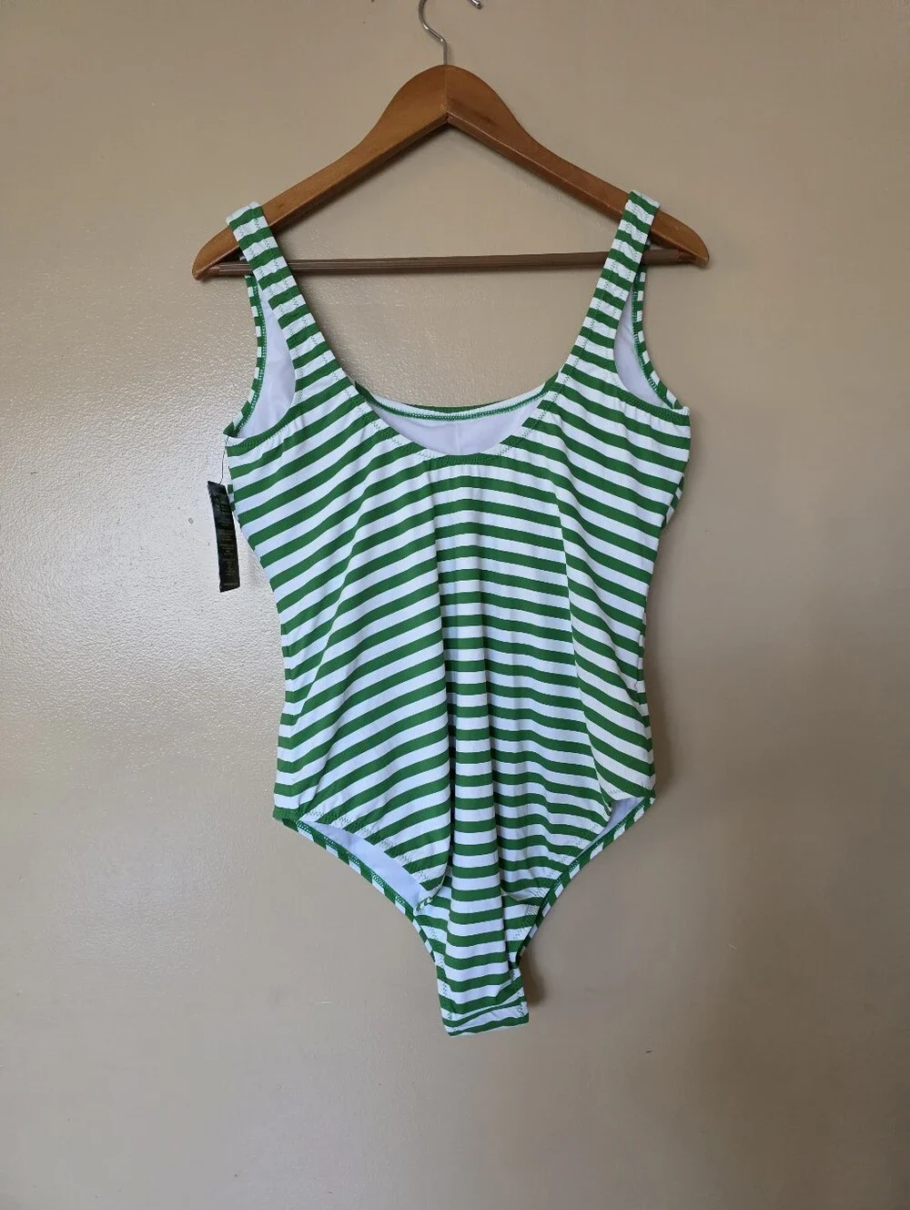 Polo Ralph Lauren Green White Stripe  Swimsuit L Pony Preppy Coastal Old Money